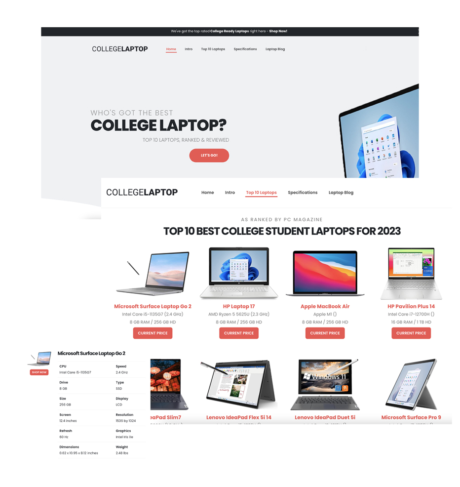 example websites created for COLLEGELAPTOP.COM.
